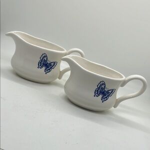 Grasslands Road White Creamer Set Blue Butterfly Design White Glass Pitchers